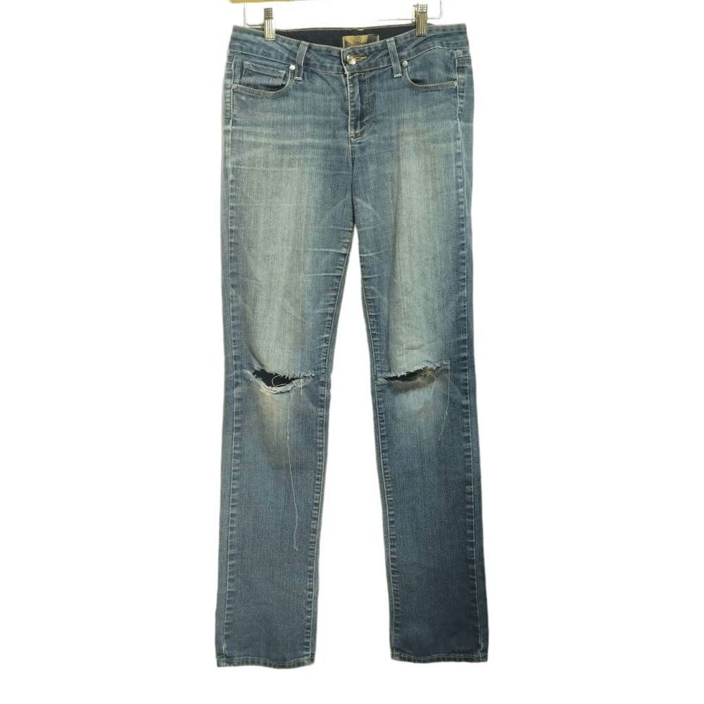 Paige Peg Straight Distressed Ripped Jeans Sz 28 Tall Blue Stretch Denim